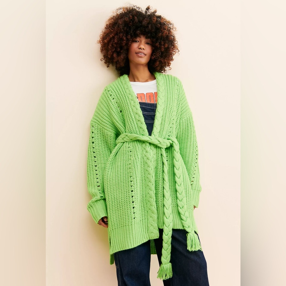 FARM Rio Charlie Oversized Green Chunky Knit Belted Cardigan Size‎ M